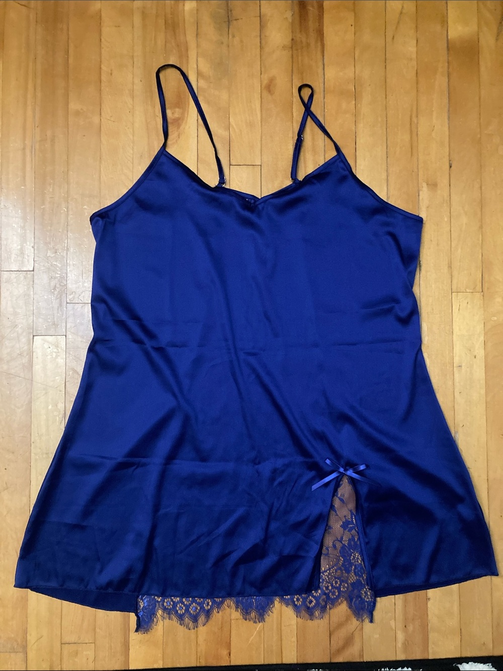 XXL Royal Blue Satin Lace-Trim Chemise with Back Panel Lace